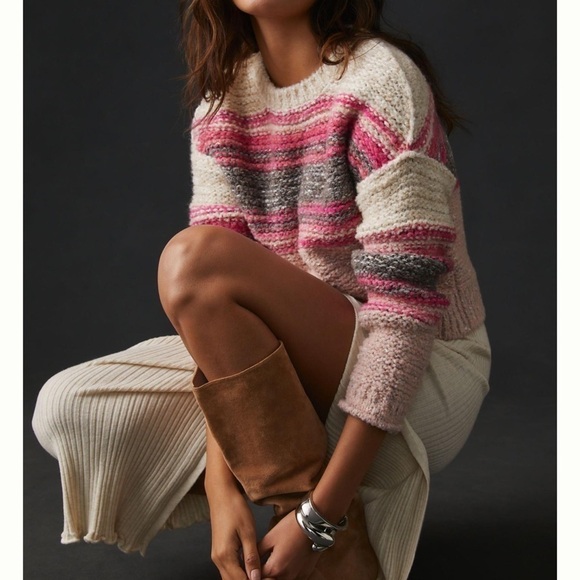 Anthropologie Pilcro Crewneck Pullover Sweater Pink Wool Stripe Chunky Knit - Picture 3 of 8